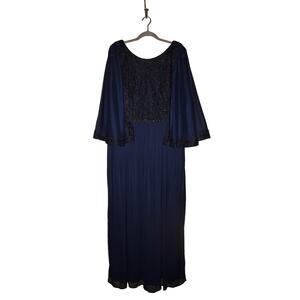 LE BOS NEW $150 Navy Beaded Gown Dress Attached‎ Cape Maxi Length Size 18